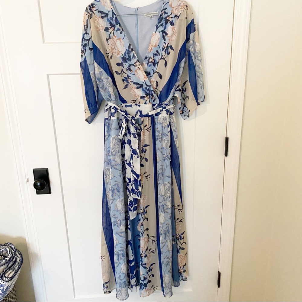 Sandra Darren blue striped floral maxi dress with sleeves size 14